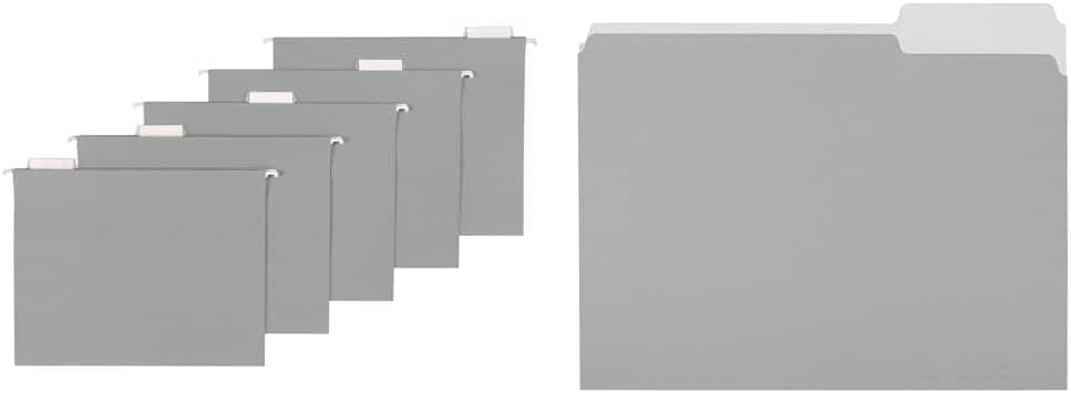 Amazon Basics Hanging File Folders, Letter Size, Gray, 25-Pack & File Folders, Letter Size, 1/3 Cut Tab, Gray, 36-Pack