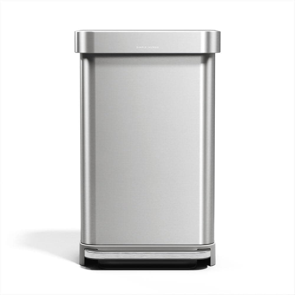 bote escalonado rectangular simplehuman, bote de basura de cocina de 45 litros/ 12 galones, sistema de llanta de revestimiento, bolsillo de revestimiento ®, pedal de 150.000 pasos, tapa Shox® de cierre silencioso, acero inoxidable cepillado con tapa de plástico gris