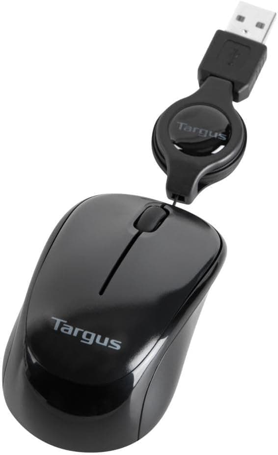 Targus Compact Mouse with Blue Trace Technology for Tracking and Retractable 2.5-Foot USB Cord, Adjustable Cord Mouse Supports Windows, Mac, and Netbooks, Black/Gray (AMU75US)
