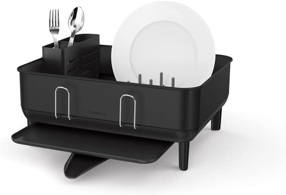 simplehuman Escurreplatos con Estructura de Acero, Escurreplatos Compacto para Cocinas pequeñas, Caño Giratorio de fácil Drenaje de 360º, Revestimiento antiresiduos, Superficie de Control de Humedad, Negro Mate