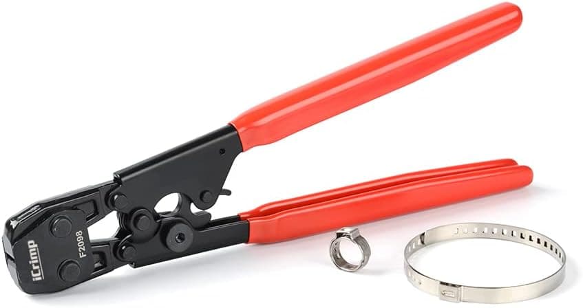 IWISS Herramienta de trinquete PEX Cinch para sujetar abrazaderas de acero inoxidable de 3/8 de pulgada a 1 pulgada con medidor de calibración para abrazaderas de manguera de oreja ASTM F2098 y no F2098
