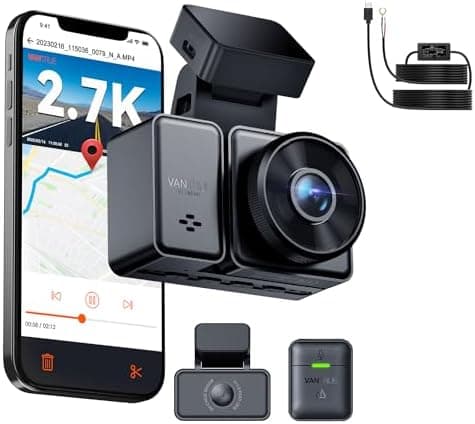 [ Bundle-2 Items: Vantrue E2 Dual 2.7K GPS Dash Cam + 11.5ft Hardwire Kit ] 2.7K+2.7K Dash Cam delantero y trasero, modo de estacionamiento con búfer, GPS, control por voz