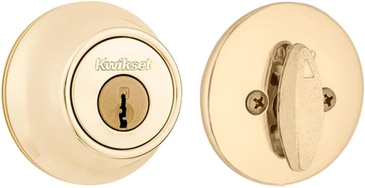 Cerradura de cerrojo Kwikset 660, puerta de entrada frontal con llave exterior redonda de latón pulido, cerrojo de un solo cilindro