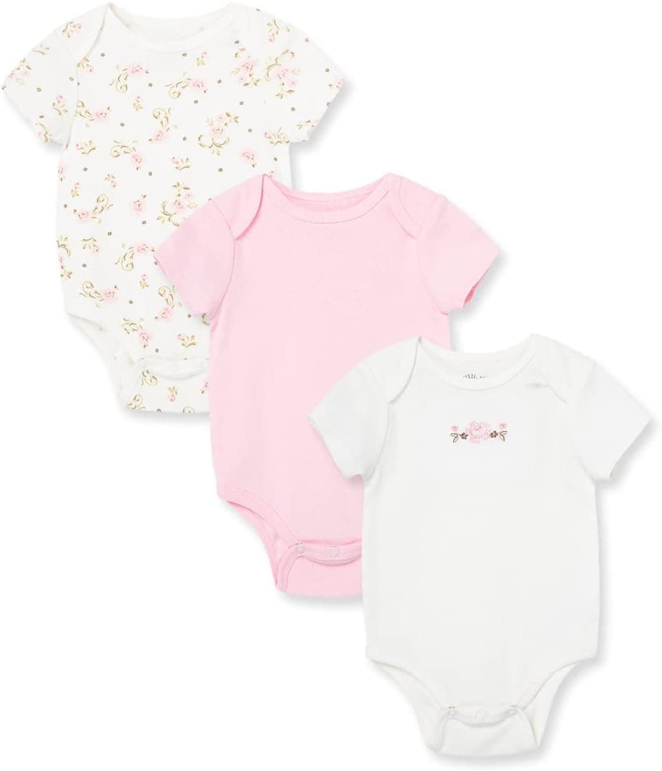 Little Me Ropa para bebé niña, paquete de 3 monos 100% algodón con cierres a presión completos, artículos esenciales para bebé