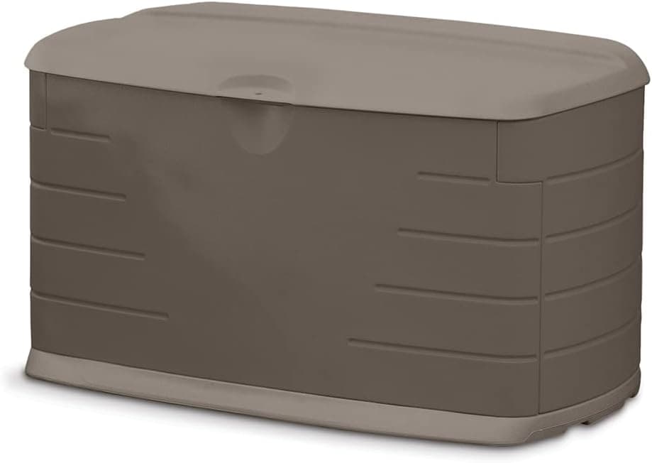 Rubbermaid Caja de almacenamiento para exteriores de resina mediana (73 gal), resistente a la intemperie, marrón, organización de cubierta para el hogar/patio trasero/productos químicos de piscina/juguetes/herramientas de jardín/cojines de porche/patio