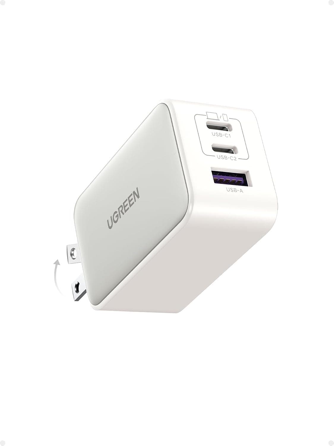Bloque de cargador USB C UGREEN Nexode de 65 W, cargador de pared de 3 puertos de carga rápida | Chip GaN II, 3 en 1, Tamaño compacto con enchufe plegable, para iPhone 17/16, Galaxy S26/S25, Pixel, MacBook, Dell XPS, iPad, Blanco