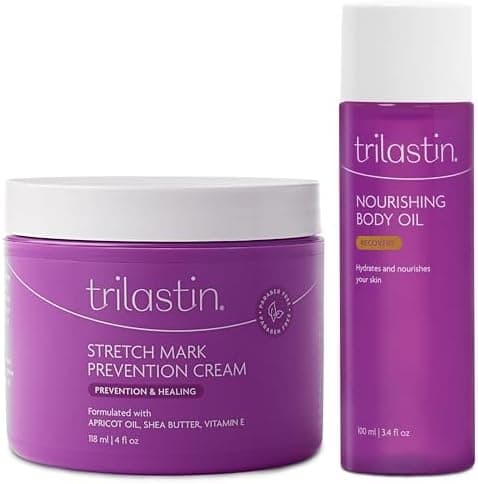 Paquete de crema de prevención de estrías de maternidad (4 oz) con aceite corporal nutritivo (3.4 oz) | Imprescindible para el embarazo | Regalo para mamás primerizas | Cuidado de la piel hipoalergénico posparto | Suministro de 1 mes