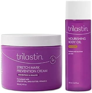 Paquete de crema de prevención de estrías de maternidad (4 oz) con aceite corporal nutritivo (3.4 oz) | Imprescindible para el embarazo | Regalo para mamás primerizas | Cuidado de la piel hipoalergénico posparto | Suministro de 1 mes