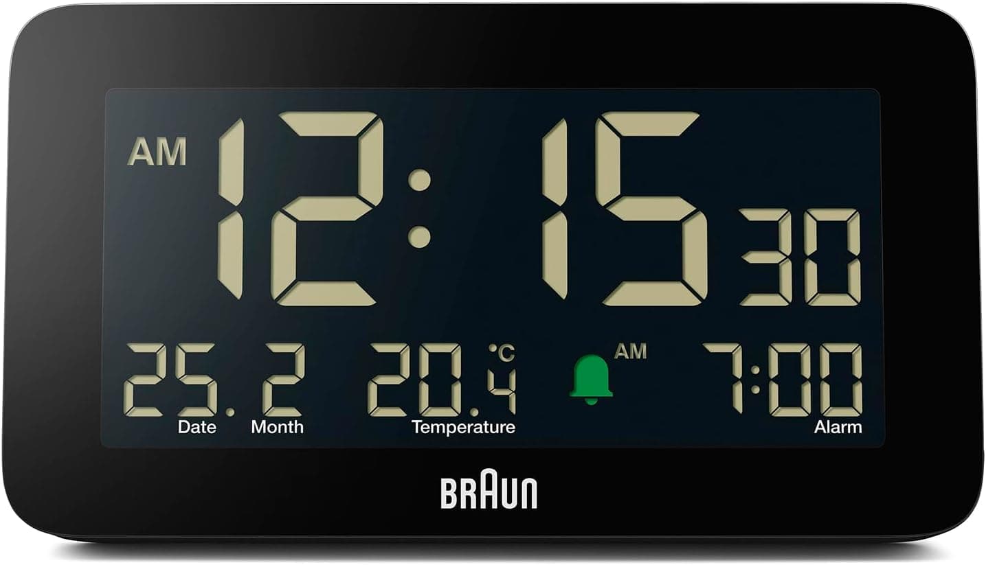 Braun Reloj despertador digital con fecha, mes y temperatura mostrados, pantalla LCD negativa, configuración rápida, alarma de pitido crescendo en negro, modelo BC10B (paquete de 1)