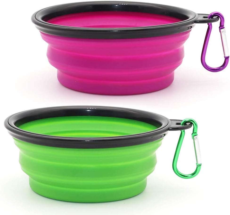 Cuenco para perro, cuencos plegables para mascotas, paquete de 2 cuencos de agua plegables para perros, gatos, perros, plato de riego portátil para mascotas para caminar, estacionamiento, viajar con 2 mosquetones (pequeño, verde+púrpura)