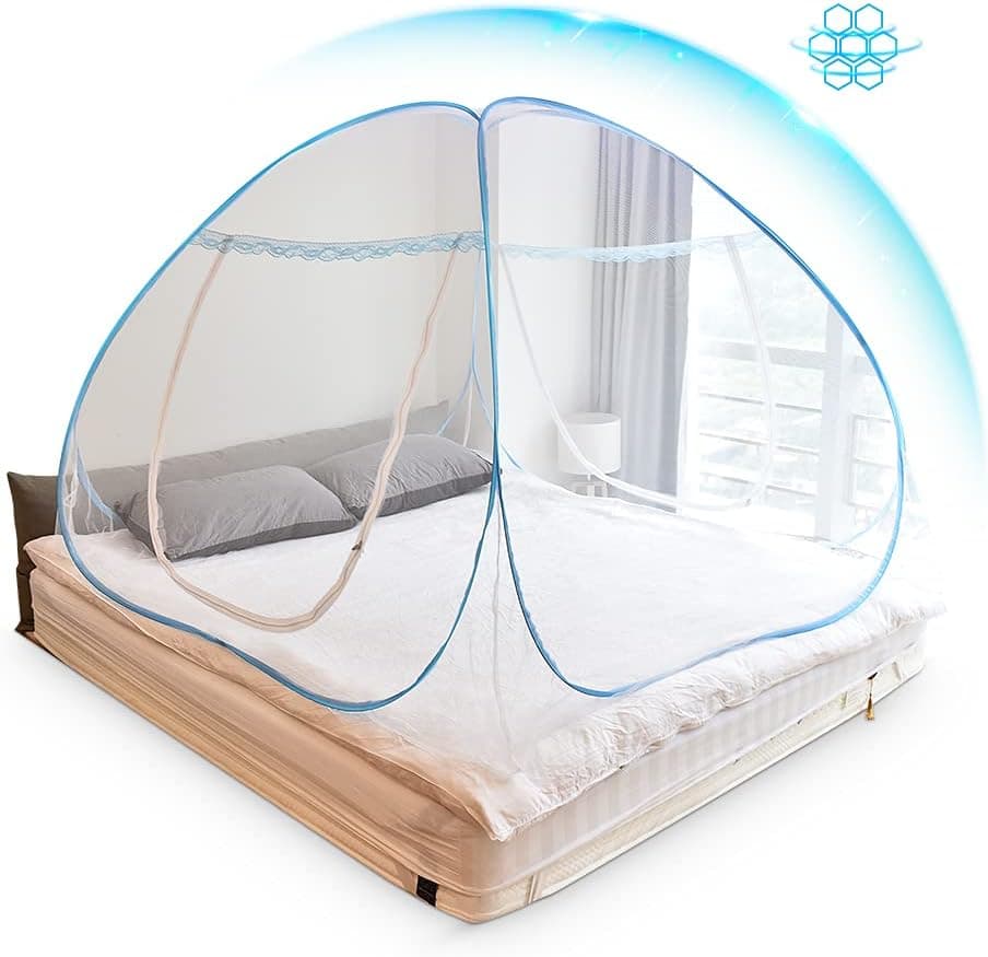 Mosquitera emergente con parte inferior de red, tienda de campaña con dosel para cama ultra grande, portátil con 2 entradas, malla de cama de diseño plegable para dormitorio, camping, 79 x 71 x 59 pulgadas