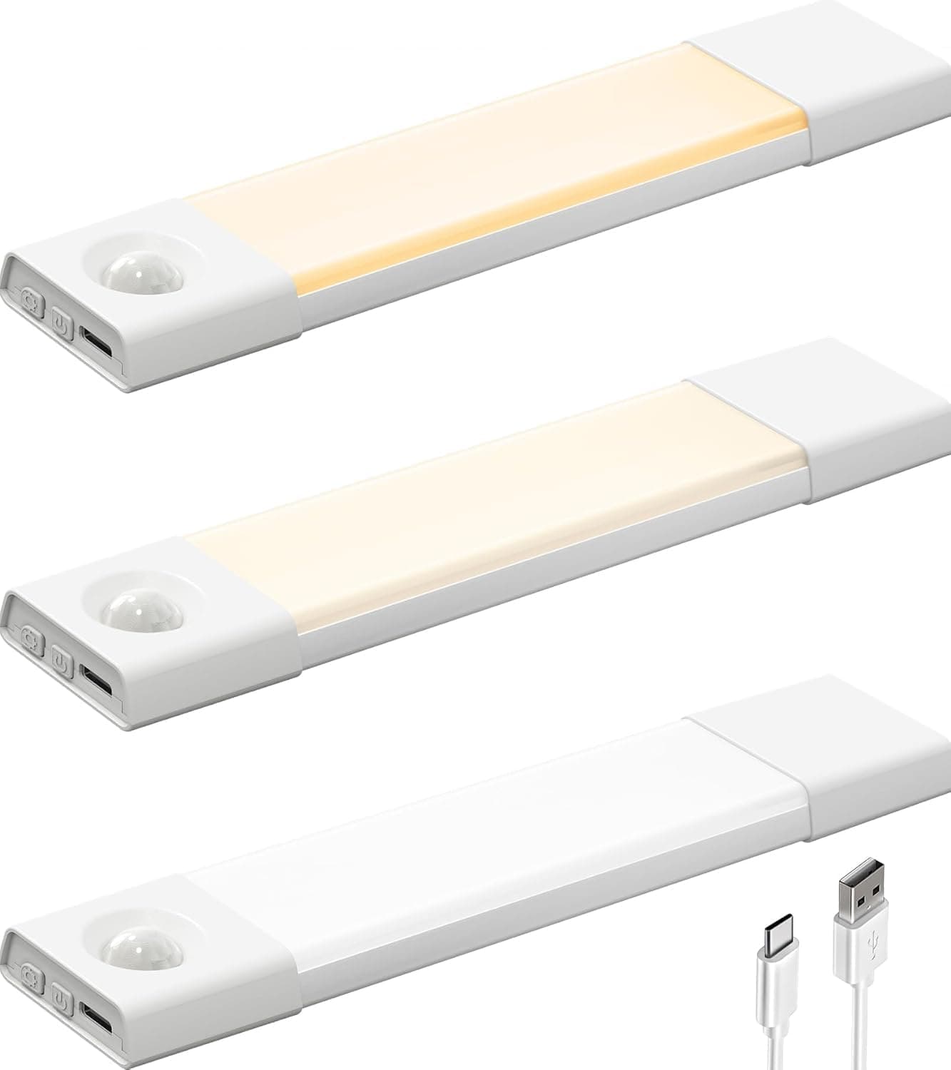 EZVALO Paquete de 3 luces con sensor de movimiento de 8 pulgadas, recargables para interiores, iluminación inalámbrica para debajo del gabinete, luz de armario de 30 LED, regulable, 3 temperaturas de color, luces de mostrador para armario, despensa, dormitorio, cocina