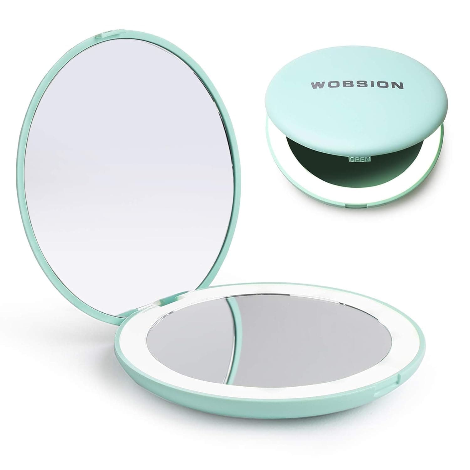 WOBSION Espejo compacto LED con aumento de 10X | Espejo de maquillaje portátil de viaje de 2 caras de 3,5 pulgadas para bolso y bolso, espejo de bolsillo iluminado, cian
