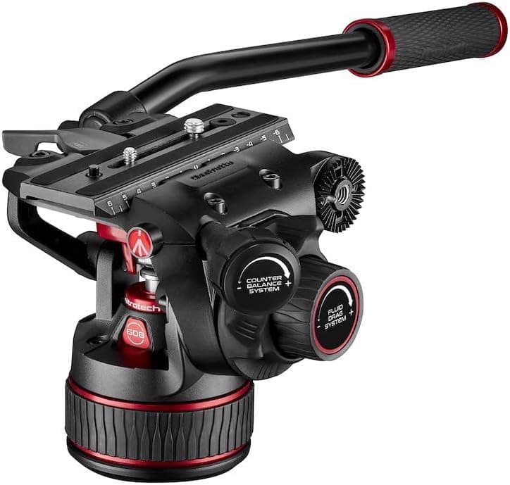 Cabezal de vídeo fluido Manfrotto Nitrotech para cámaras DSLR, sin espejo, de vídeo y de cine - Sistema de contrapeso continuo 0-17,6 libras - Sistema de arrastre de fluido continuo variable - Carga útil de 17,6 libras - MVH608AHUS | Cámaras de cine, diseñadas para ofrecer versatilidad con una base plana y 3 pantallas de 8 pulgadas
