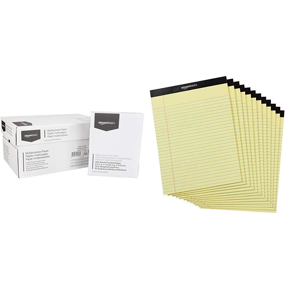 Amazon Basics Multipurpose Copy Printer Paper, 8.5" x 11", 20 lb, 10 Reams, 5000 Sheets, 92 Bright, White | Amazon Basics Wide Ruled Lined Writing Note Pad, 8.5 inch x 11.75 inch, Canary, 600 Sheets ( 12 Pack of 50 )
