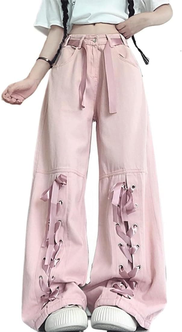 Kawaii Harajuku Y2K Gótico Pierna Ancha Cintas Recortar Pantalones De Mezclilla Rosa