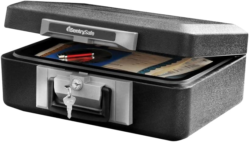 SentrySafe Caja fuerte ignífuga con cerradura de llave, caja fuerte con asa de transporte para asegurar dinero, joyas, documentos, 0,25 pies cúbicos, 6,3 x 15,3 x 12,1 pulgadas, 1160