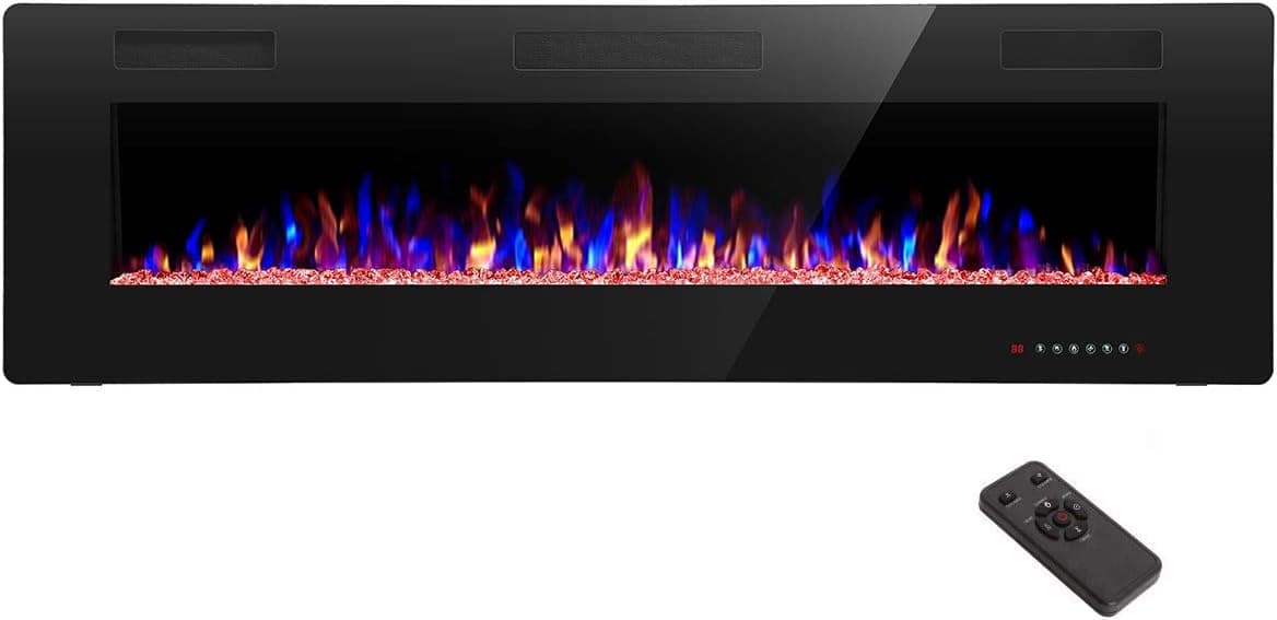 R.W.FLAME Chimenea eléctrica empotrada y montada en la pared de 60 pulgadas, bajo nivel de ruido, apta para pernos de 2 x 6, control remoto con temporizador, pantalla táctil, color y velocidad de llama ajustables, 750-1500W