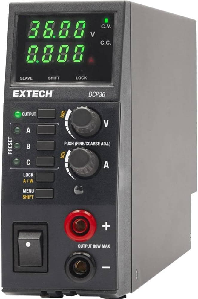 Fuente de alimentación CC conmutada DCP36, 80 W, 0-36 V, ajustable | 0-36 V, hasta 5 A, potencia constante de 80 W, pantallas LED digitales, protección contra sobrecarga/cortocircuito/térmica, cables