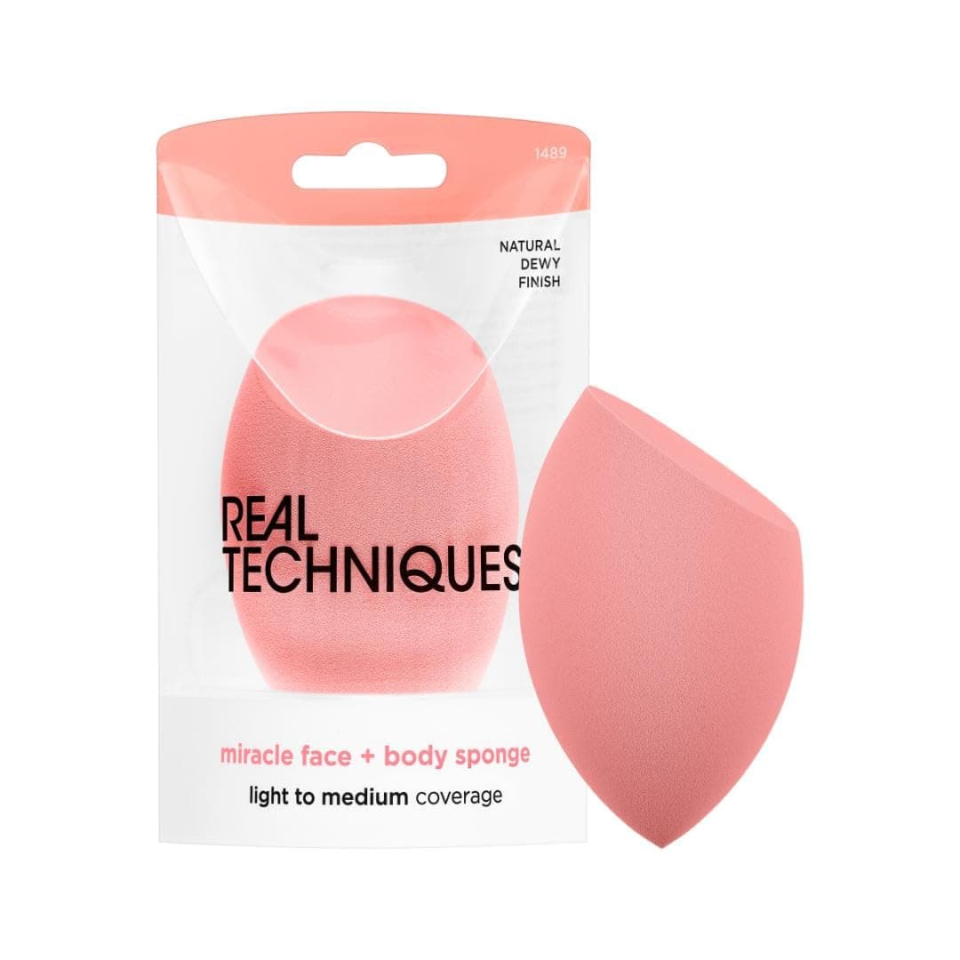 Real Techniques Miracle Face + Body Sponge, esponja mezcladora de maquillaje XL para todo el cuerpo, ideal para base, maquillaje corporal y autobronceador, libre de crueldad y vegano, sin látex, el embalaje puede variar, 1 unidad