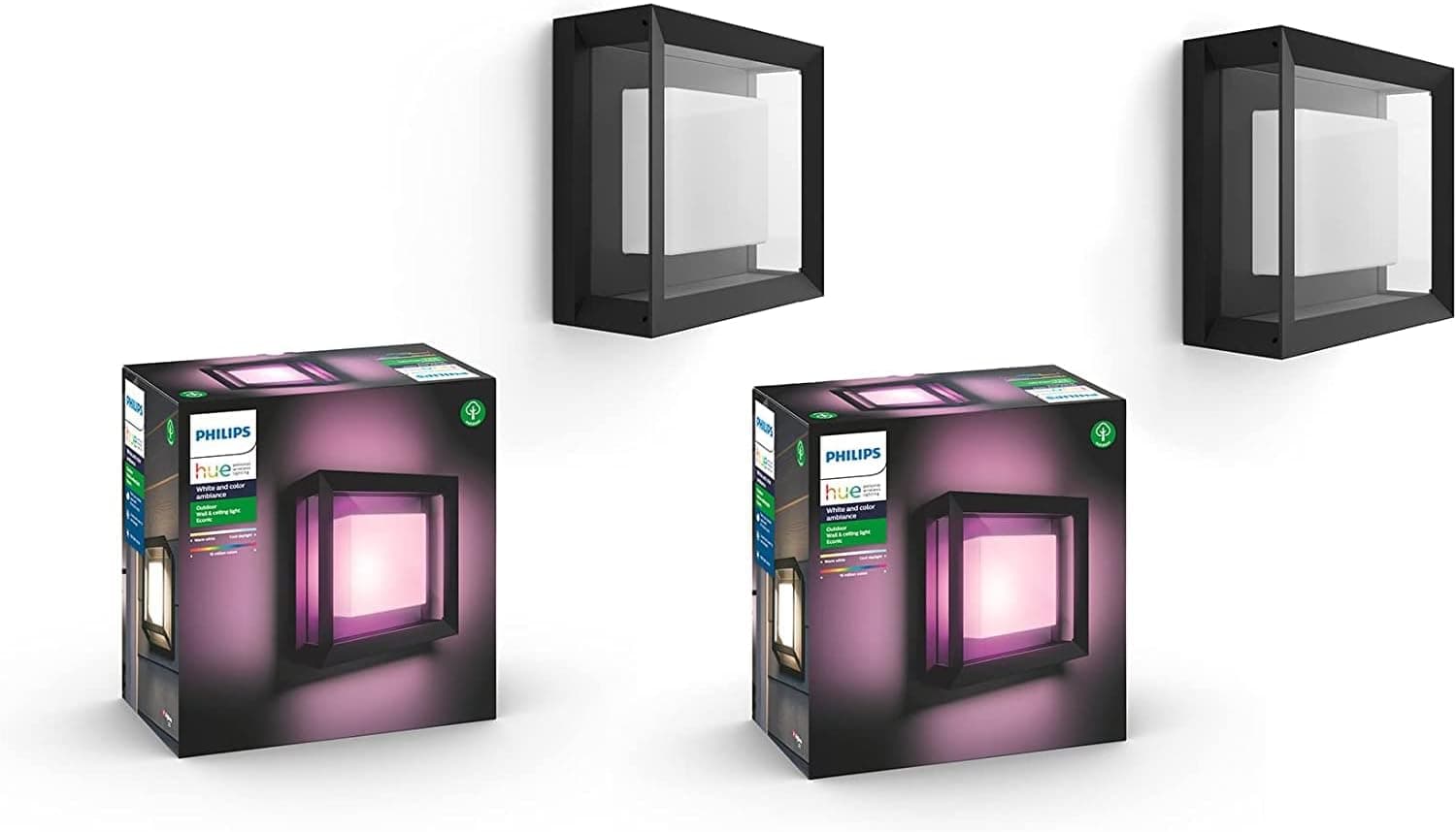 Philips Hue Econic Square Aplique Inteligente para Exteriores, Negro - Blanco y Color Ambiance Luz LED que Cambia de Color - Paquete de 2 - Requiere Puente Hue - Control con Aplicación Hue y Voz - Resistente a la Intemperie