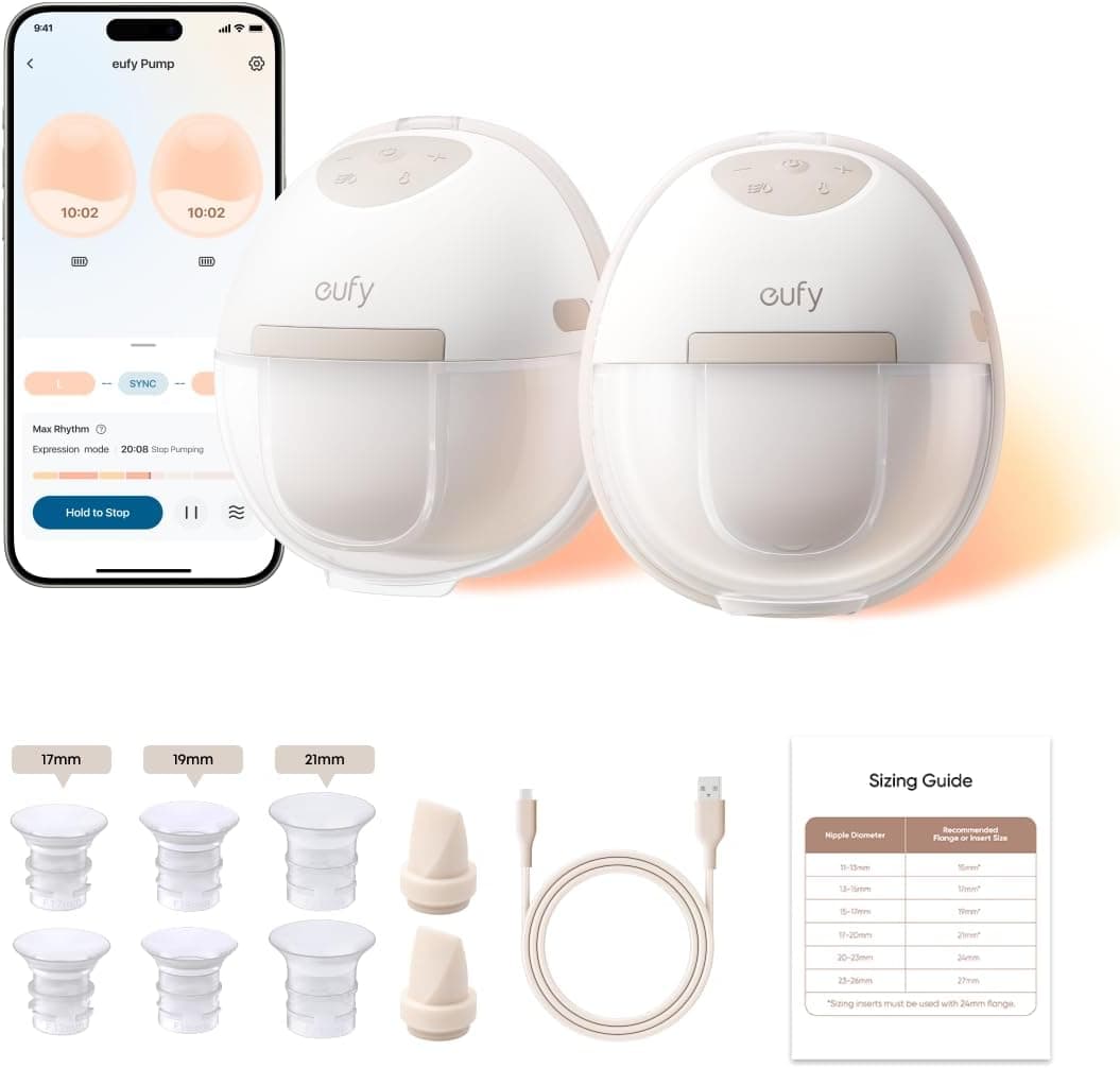 Extractor de leche portátil con calefacción eufy Security E20, manos libres, control de aplicaciones | HeatFlow con 3 niveles de calor, aplicación DIY Rhythm, potente succión de 300 mmHg, ajuste delgado y silencioso de 46 dB, sin BPA