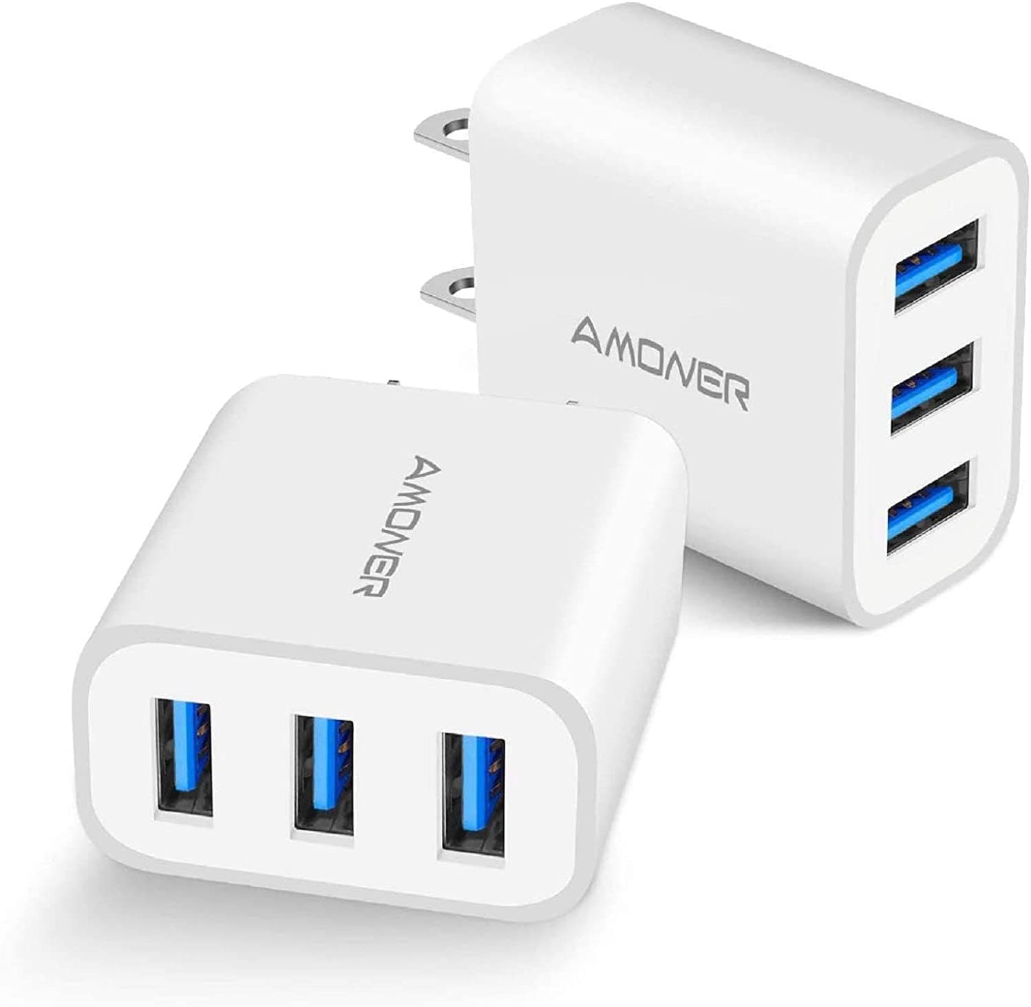 Cargador de pared USB, Amoner, paquete de 2 bloques de carga USB de 15 W y 3 puertos, bloques de carga para iPhone 14/13/12/11/X/XR/X/8/7/6, Galaxy, teléfonos Android y más | Se adapta a iPhone 16/15/14/13/12/11/X/8, Galaxy, Android y iPad con carga rápida Smart IC, 3 puertos USB para el hogar, la oficina y los viajes.