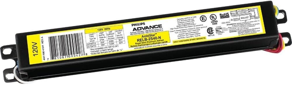 Philips Advance RELB-2S40-N Balasto electrónico, lámparas T12, iluminación de 120 V, 1 unidad (paquete de 1), negro