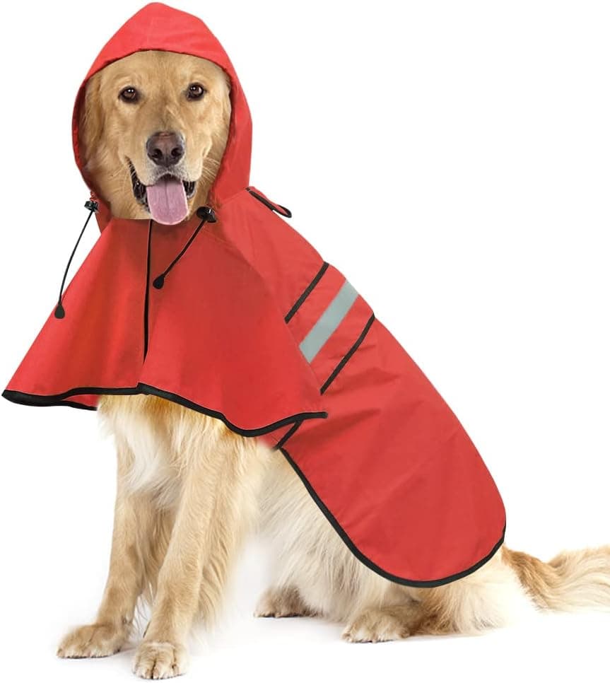 Chubasquero reflectante impermeable para perros - Poncho con capucha ajustable para mascotas, chaqueta ligera para perros para perros y cachorros pequeños a X- grandes (rojo, grande)