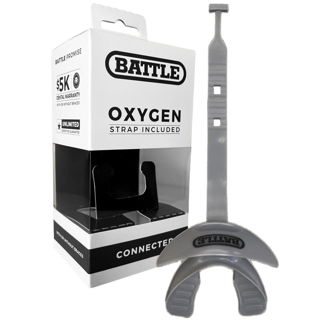 Battle Oxygen Lip Protector Mouth Guard with Connected Strap, Football and Sports Gear, Maximum Oxygen Supply, Mouthpiece Fits With or Without Braces - One Size, Silver | Complete sport safety, largest breathing hole on the market for maximum airflow, no boiling required, works with braces