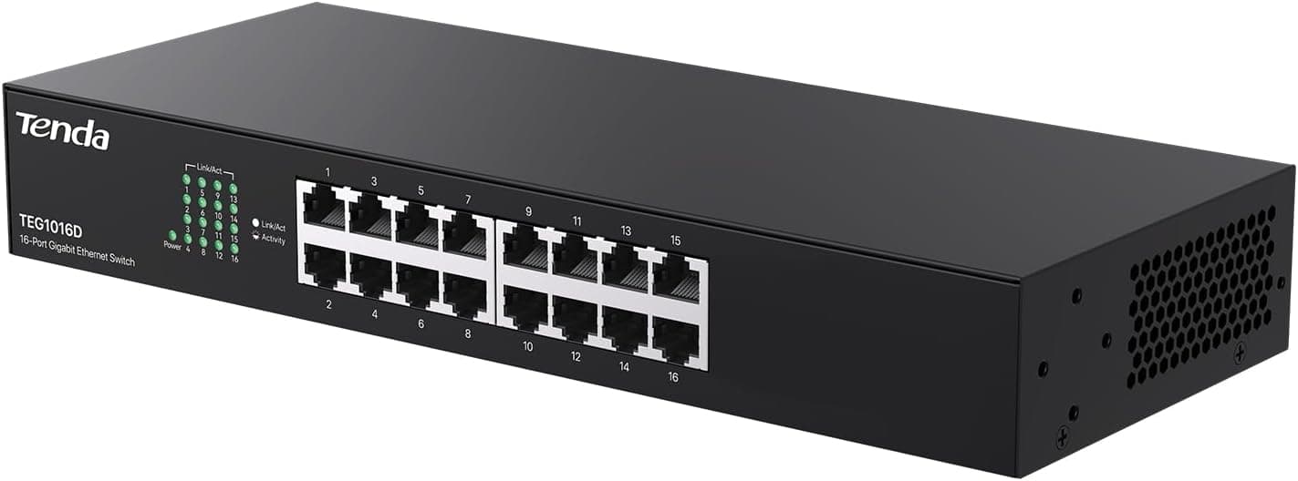 Tenda 16 Port Gigabit Rackmount Switch, Unmanaged Ethernet Switch | Ethernet Splitter for Office/Home, Plug & Play, Desktop/Wall mount Network Hub, Metal Case, Shielded Ports, Fanless(TEG1016D)