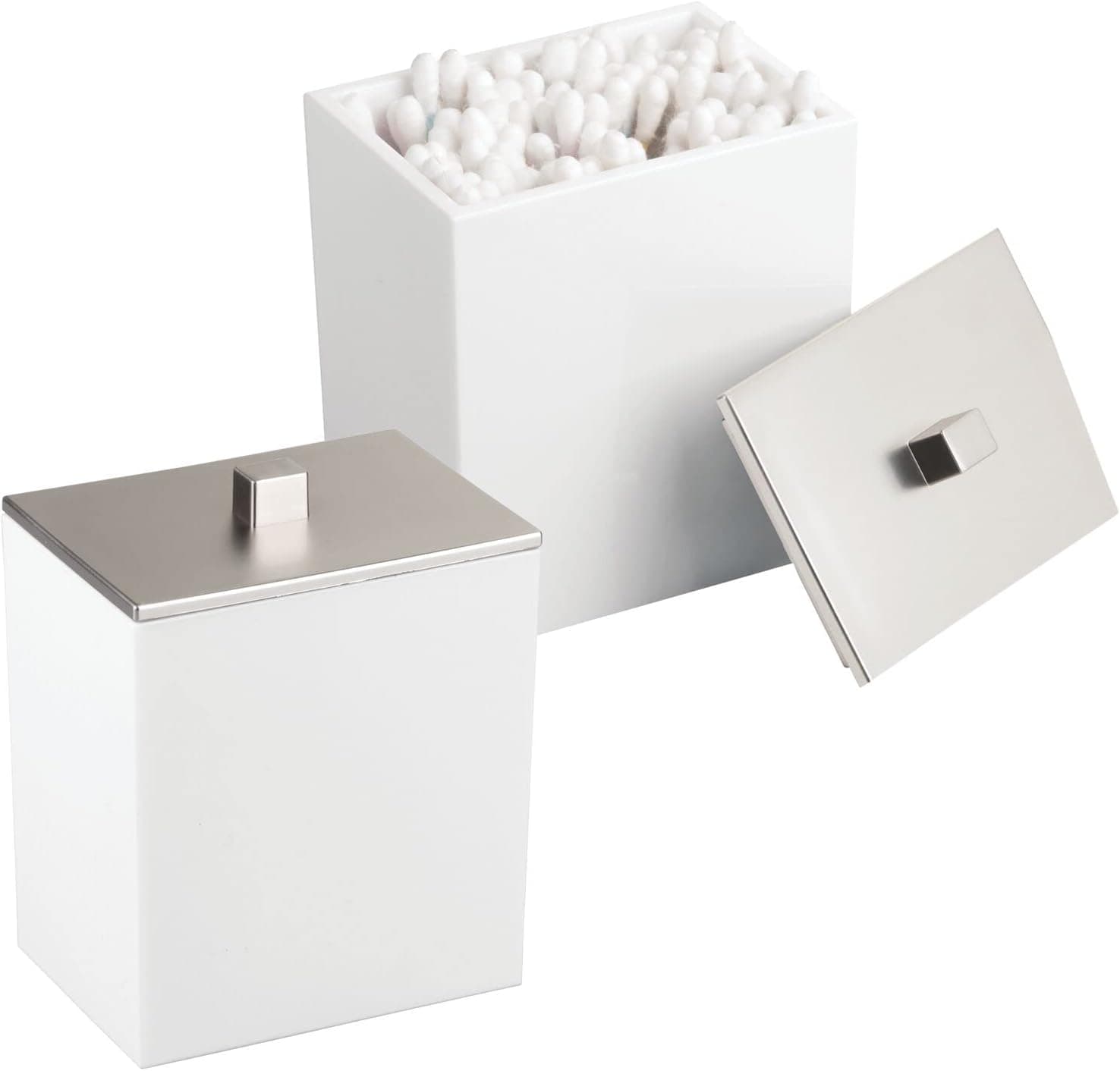 mDesign Bote rectangular de plástico para boticario – Organizador para decoración de estantes de tocador de baño – Capacidad para hisopos de algodón, jabón, maquillaje, sales de baño – Colección Lumiere – Paquete de 2 – Blanco/cromo cepillado