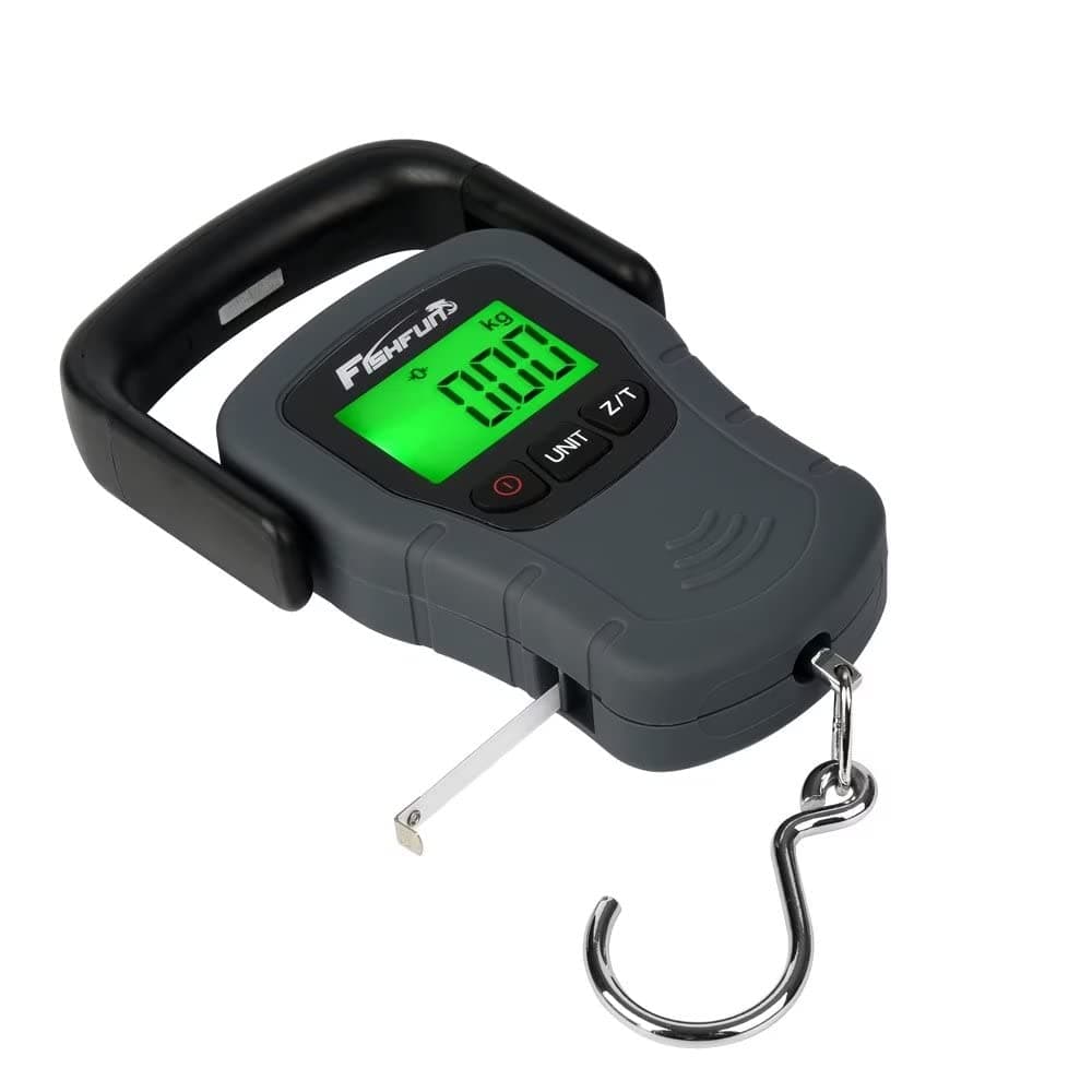 Báscula digital para peces, báscula electrónica para colgar peces con mango grande y cinta métrica, báscula de pesca de 110 lb/50 kg, 3 pilas AAA incluidas, regalos de pesca para hombres