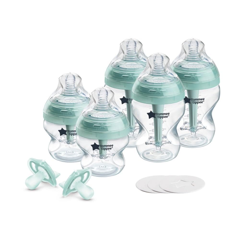 Tommee Tippee Advanced Biberón anticólicos sin BPA Set de regalo para alimentación de recién nacidos, tetinas similares a los senos de flujo lento y exclusivo sistema de ventilación anticólicos, varita con ventilación especial que mantiene el aire alejado de la leche y el bebé