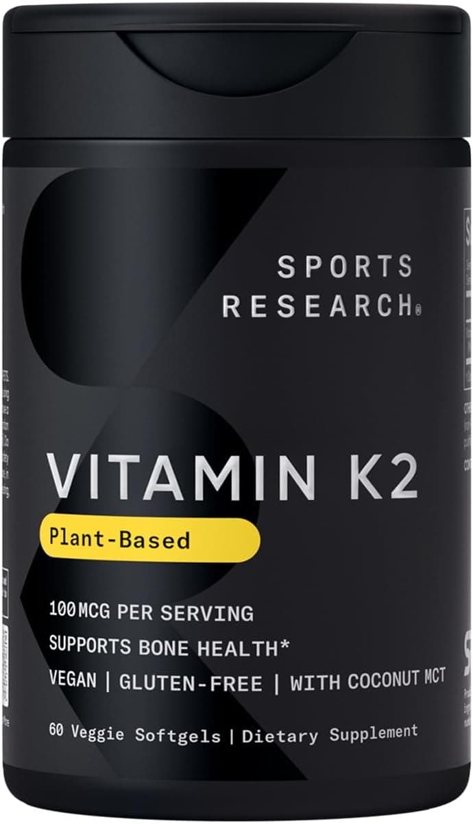 Sports Research® Vitamina K2 como MK-7 100 mcg, 60 unidades Plantgels™ | Respalda la salud de los huesos y el corazón con MK-7 altamente biodisponible y aceite MCT de coco para una mejor absorción · A base de plantas, sin soja
