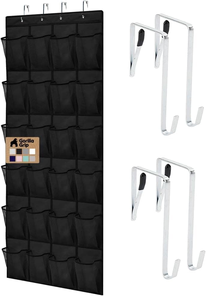 GORILLA GRIP Organizador de zapatos para colocar sobre la puerta, 24 bolsillos grandes de malla transpirable, soporte de almacenamiento para colgar que ahorra espacio, colgador para armario con capacidad para hasta 40 libras, se cuelga en armarios para zapatos, accesorios, negro