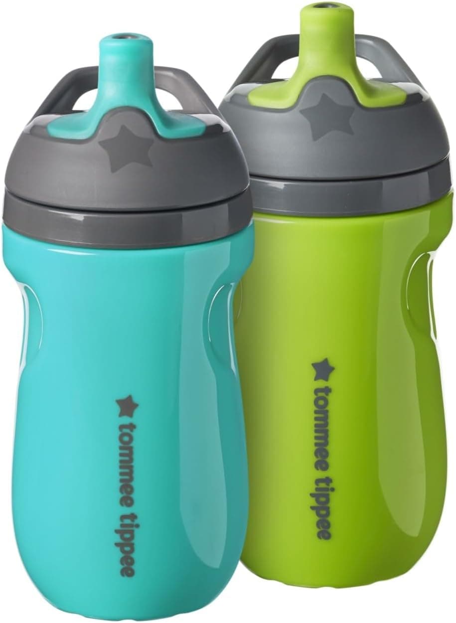 Tommee Tippee Sippy Cup para niños pequeños, boquilla deportiva, 1-3 años, aislante | Paquete de 2, 9 oz, válvula de dos piezas sin derrame, verde azulado, sin BPA