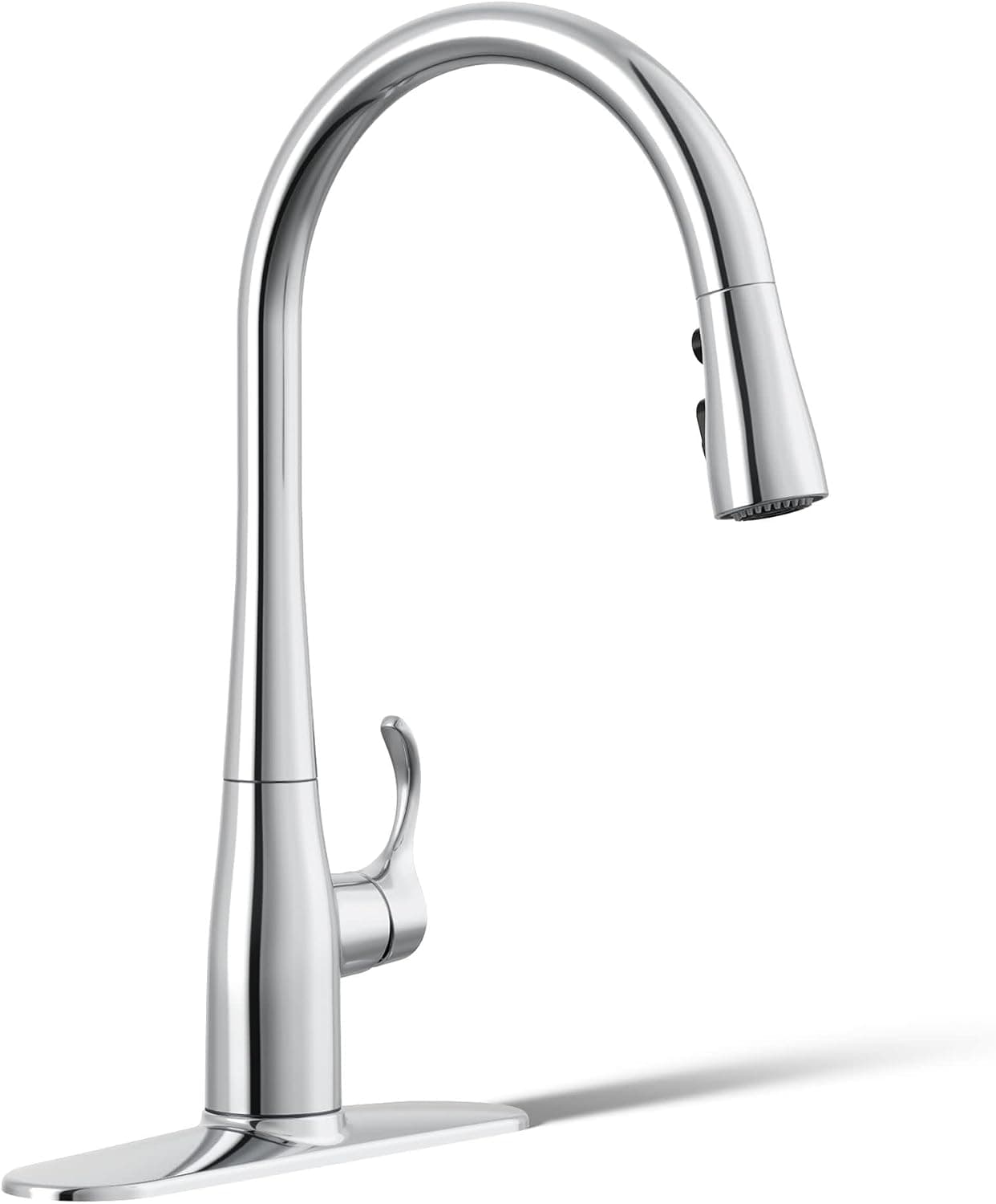 KOHLER 596-CP Grifos para fregadero de cocina Simplice con rociador desplegable, diseño de 3 rociadores, grifos de cocina de cromo pulido, arco alto