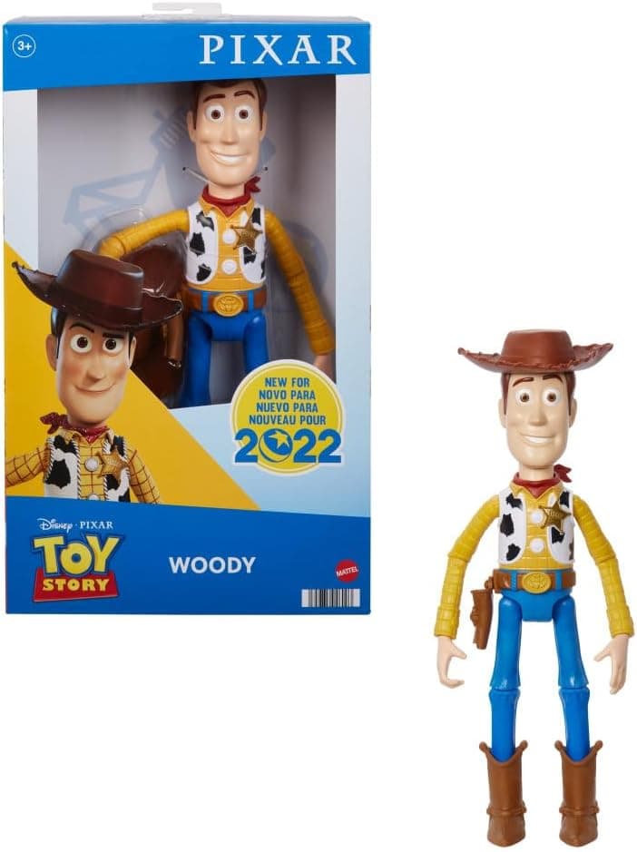 Figura de acción grande de Mattel Disney y Pixar Toy Story, coleccionable de Woody posable con apariencia de sheriff exclusiva con sombrero extraíble, escala de 12 pulgadas