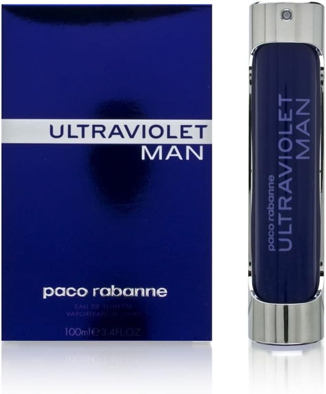 Perfume ultravioleta Paco Rabanne para hombres - Fragancia oriental amaderada - Se abre con notas de menta y especias - Mezclado con ámbar y vetiver - Aroma de larga duración - Eau De Toilette Spray - 3.4 Oz