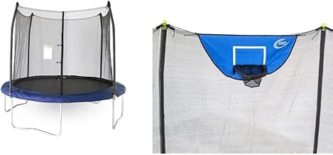 Trampolín redondo de 10 pies y recinto con resorte, azul + nuevo juego de baloncesto Skywalker Trampolines