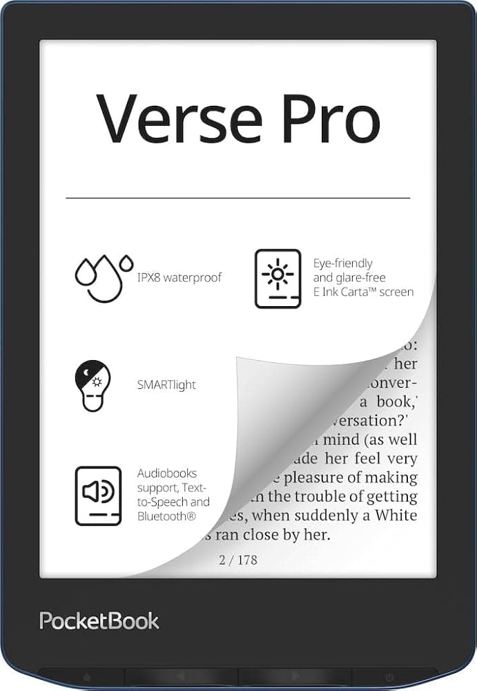 Lector electrónico PocketBook Verse Pro resistente al agua | Pantalla táctil E-Ink Carta™ HD de 6'' amigable con la vista | Lector de audiolibros y libros electrónicos | Función de texto a voz | Luz INTELIGENTE | 16 GB | Wi-Fi y Bluetooth | Azur