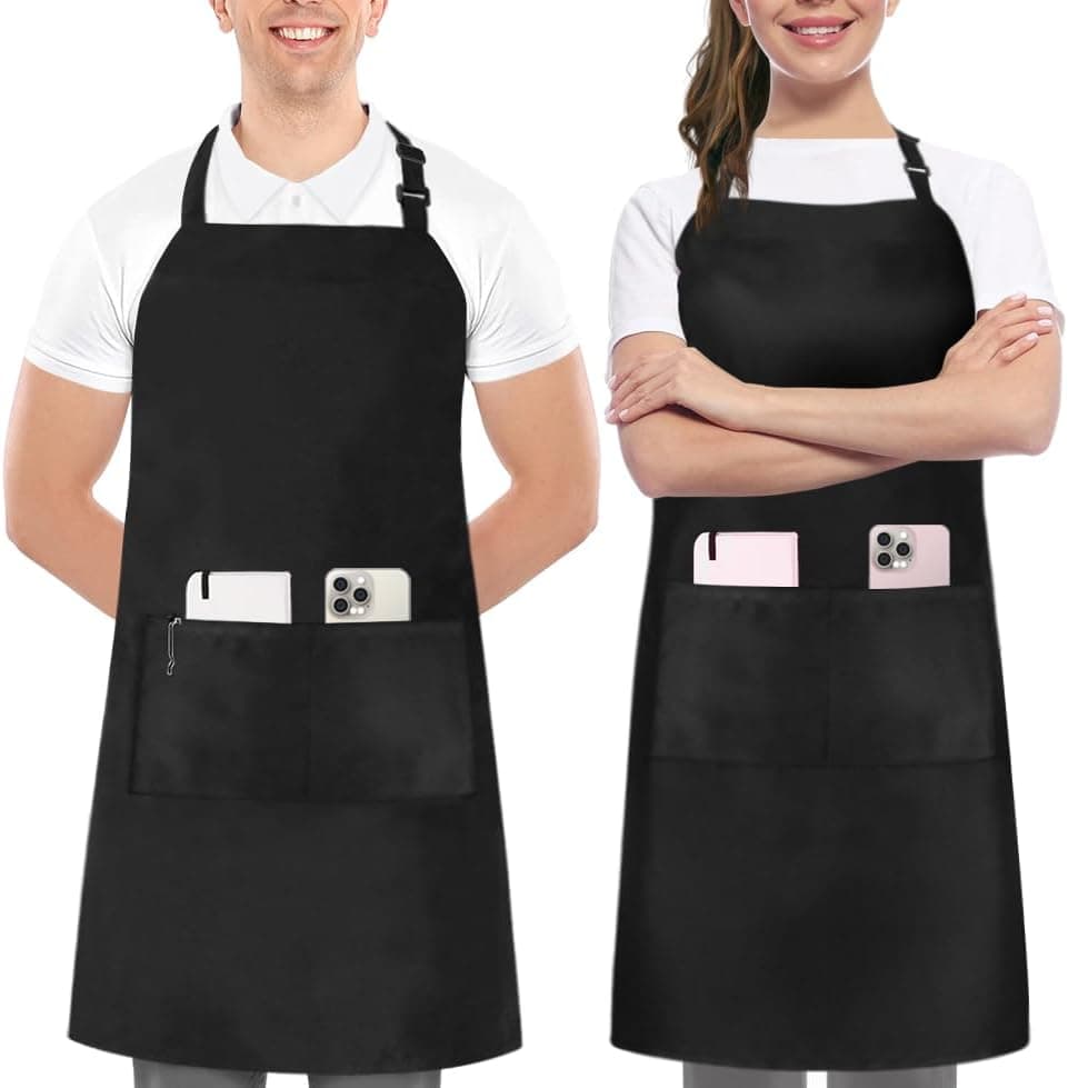 Utopia Kitchen Paquete de 2 delantales con pechera, ajustable con 2 bolsillos, resistente al agua y al aceite, delantal de cocina para chef para mujeres y hombres