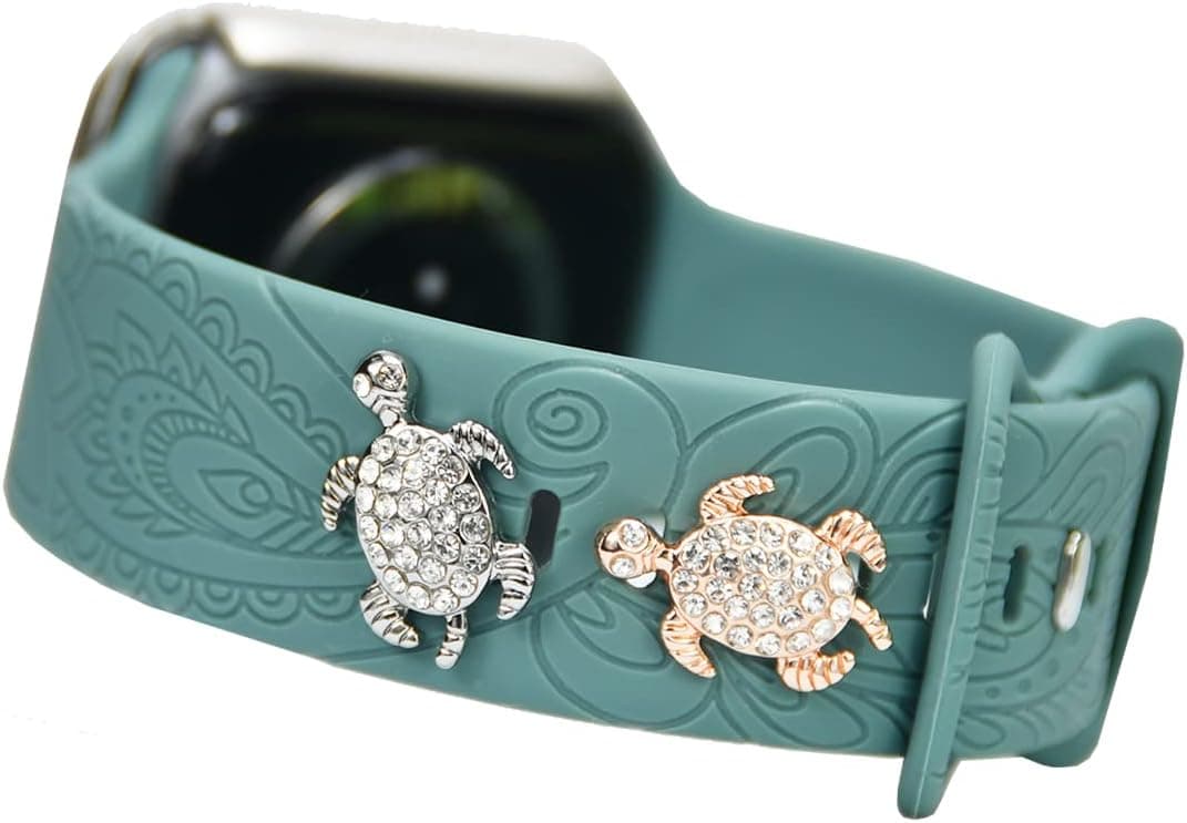 Dijes de banda de reloj para Apple Watch Band para mujer 38 mm 40 mm 41 mm 42 mm 44 mm 45 mm 49 mm, lindos anillos decorativos, dijes de bucles para iWatch Band Charms Series 8 7 6 5 4 3 Accesorios de banda de reloj, dijes de bandas de reloj inteligente para Samsung Galaxy Watch Holiday Tortuga marina de oro rosa plateado
