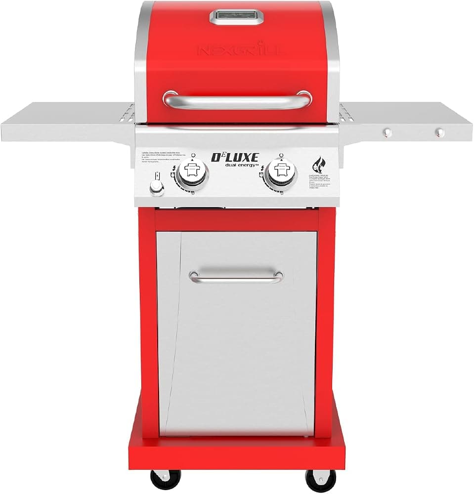 Parrilla de gas Nexgrill Deluxe de 2 quemadores, compacta con estantes plegables en rojo | Ofrece 28000 BTU, termómetro incorporado, encendido electrónico, espacio de cocción de 401 pies cuadrados con rejilla para calentar, transporte en 4 ruedas