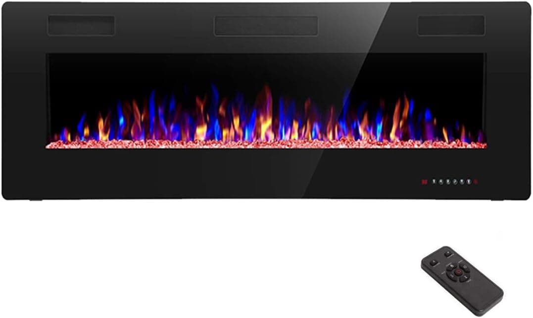 R.W.FLAME Chimenea eléctrica empotrada y montada en la pared de 50 pulgadas, la chimenea más delgada, de poco ruido, apta para pernos de 2 x 6, control remoto con temporizador, pantalla táctil, colores y velocidad de llama ajustables