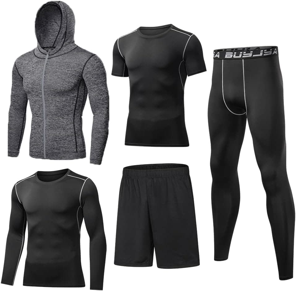 BUYJYA 5 piezas de pantalones de compresión para hombre, camiseta, chaqueta de manga larga, conjuntos atléticos, ropa de gimnasio, entrenamiento para hombre