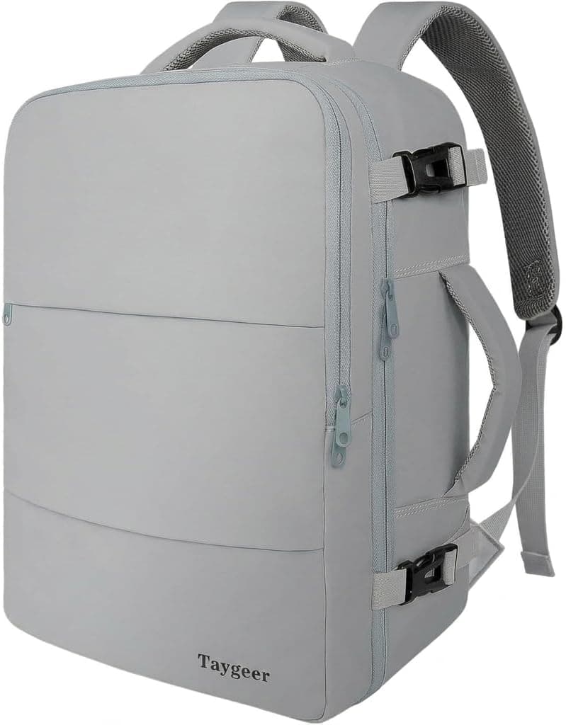 Mochila Taygeer Carry On, mochila de viaje para mujer con bolsillo para botella de agua | Mochila para ordenador portátil de 15,6 pulgadas, aprobada por vuelo con bolsa para zapatos, bolsa de mano para profesores universitarios para suministros de viajes de negocios, gris