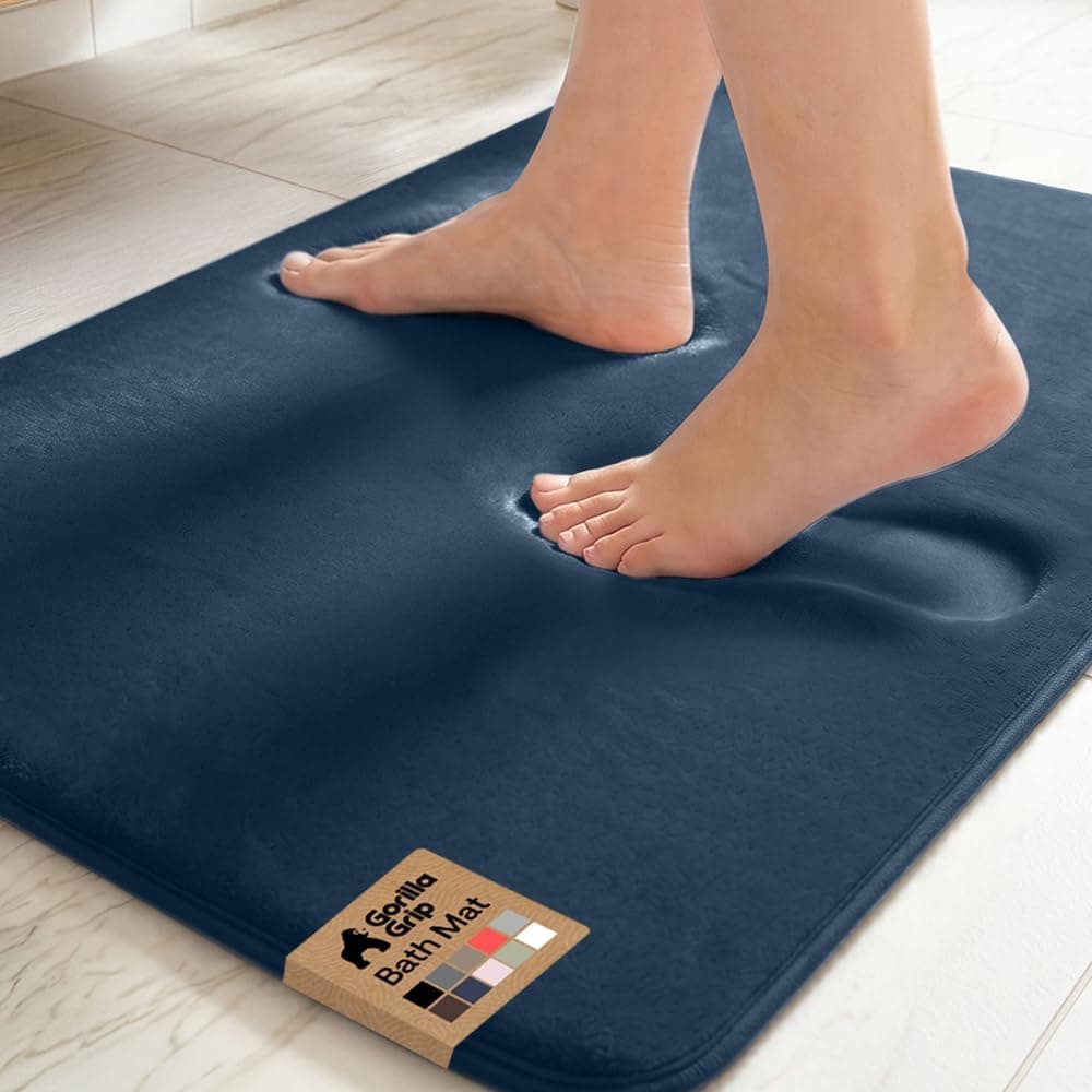 GORILLA GRIP® Alfombras de baño de espuma viscoelástica, alfombras de baño de terciopelo suave y absorbente, puntos duraderos en la parte inferior, alfombra de baño lavable a máquina, alfombra para decoración de habitación para piso de ducha, alfombra de 30x20, azul marino