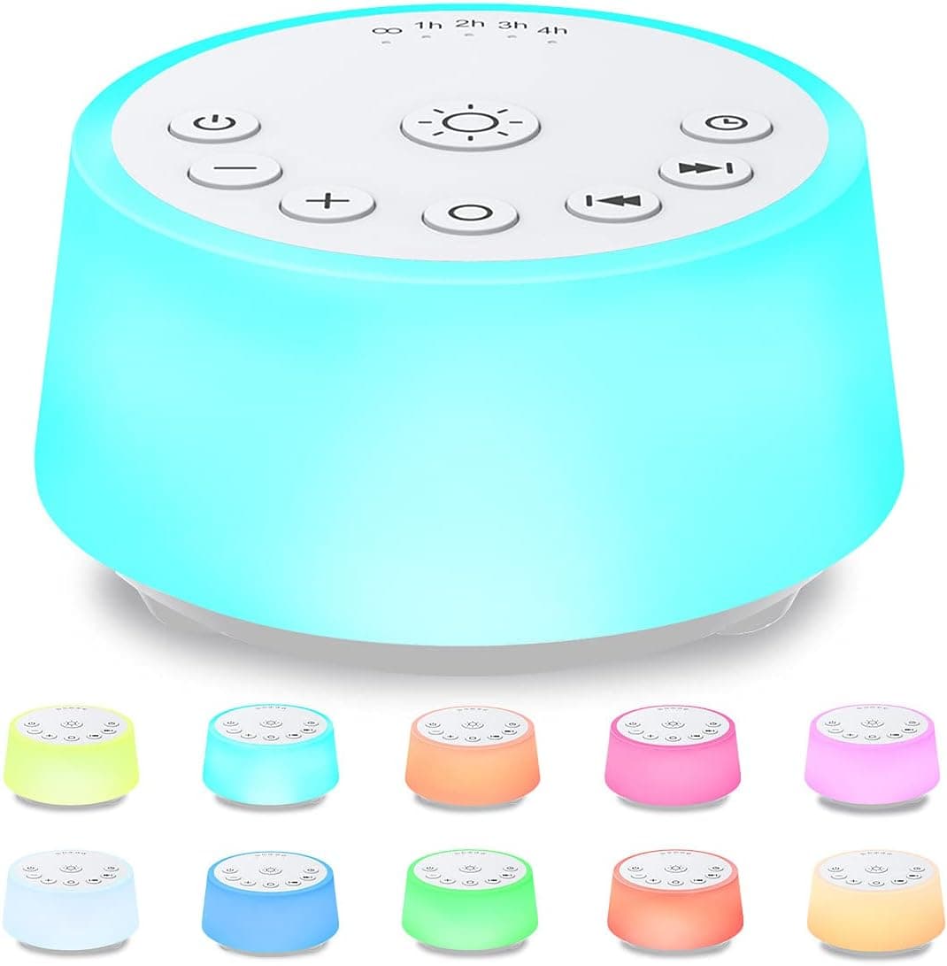 Máquinas de sonido con ruido de color con luz nocturna de 10 colores 25 sonidos relajantes y sueño Máquina de ruido blanco 32 niveles de volumen 5 temporizadores Función de memoria de brillo ajustable para adultos niños bebé